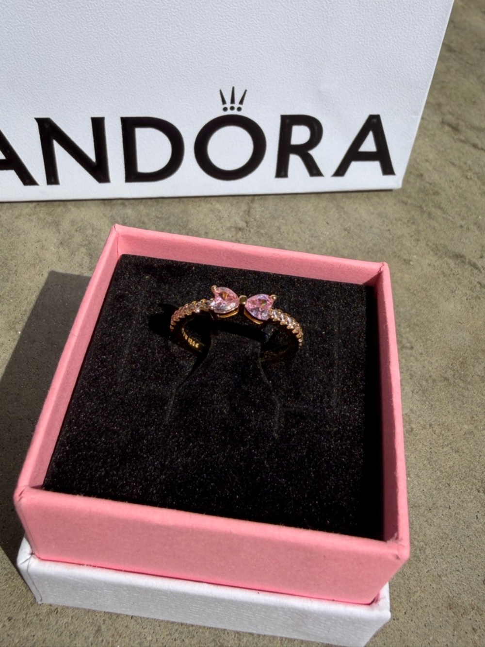 Pandora Rose Gold Double Heart Ring with Pink Stones - Picture 1 of 3